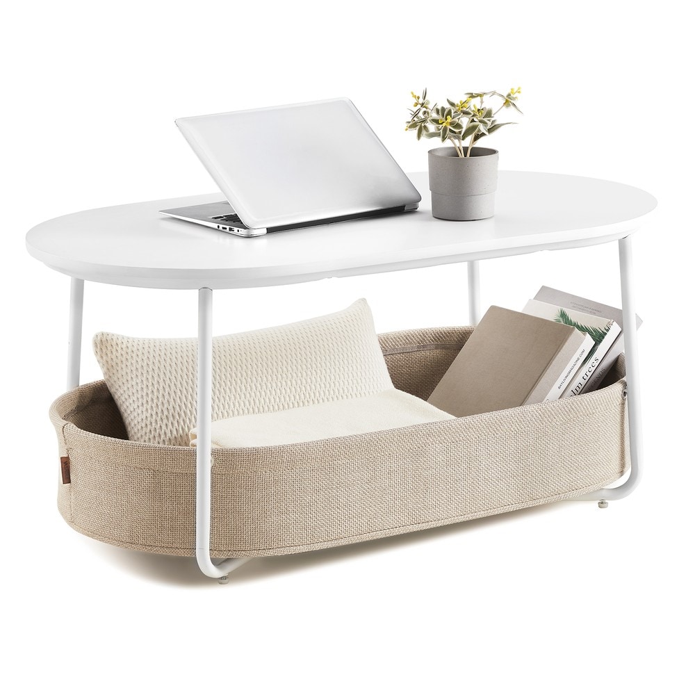 Soikea sohvapöytä, jossa kangaskori, 100x45 cm – Valkoinen / Olohuonepöytä säilytystilalla / Kahvipöytä, jossa kori