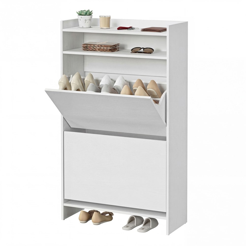 Kapea kenkäkaappi 60 × 24 × 102,8 cm – Valkoinen, 2 kääntöluukkua, tilaa 18 kenkäparille