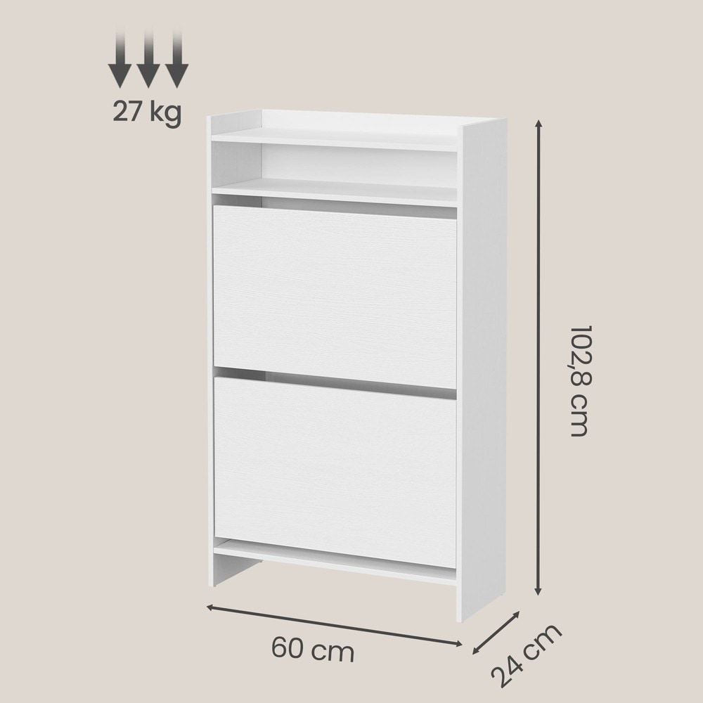 Kapea kenkäkaappi 60 × 24 × 102,8 cm – Valkoinen, 2 kääntöluukkua, tilaa 18 kenkäparille
