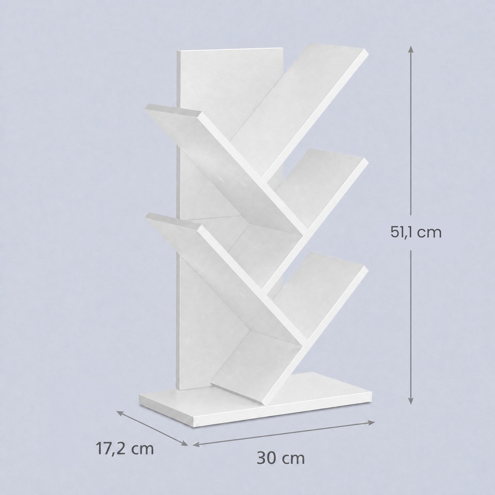 Puunmuotoinen kirjahylly 5 tasoa – Valkoinen, 30 × 17,2 × 51 cm, pieni koristeellinen kirjahylly
