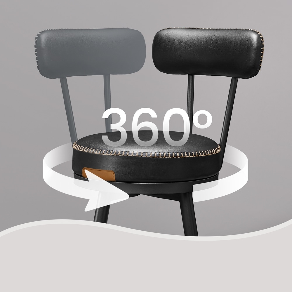 Baarituolit 2 kpl – Musta keinonahka, 360° kääntyvä istuin, selkänoja, istuinkorkeus 65 cm