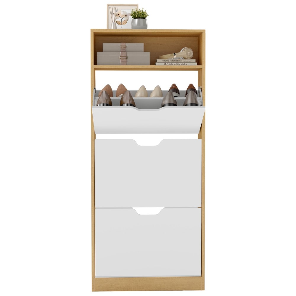 Kenkäkaappi, 3 taitettavaa lokeroa, 139 cm – Tammi/Valkoinen / Kapea kenkäkaappi / Kenkien säilytys, luukullinen