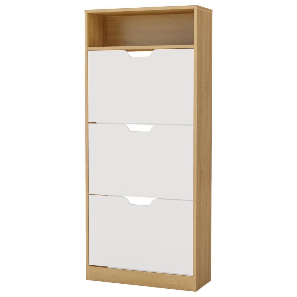 Kenkäkaappi, 3 taitettavaa lokeroa, 139 cm – Tammi/Valkoinen / Kapea kenkäkaappi / Kenkien säilytys, luukullinen