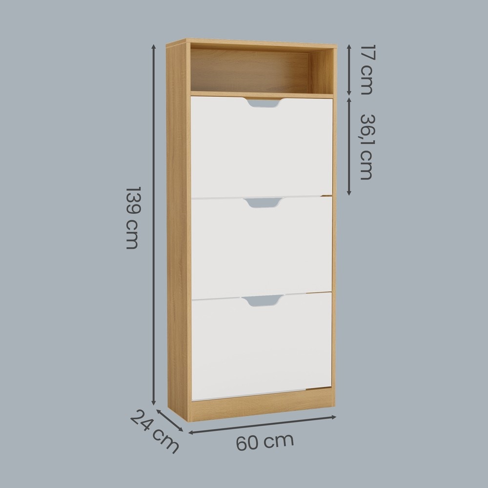Kenkäkaappi, 3 taitettavaa lokeroa, 139 cm – Tammi/Valkoinen / Kapea kenkäkaappi / Kenkien säilytys, luukullinen