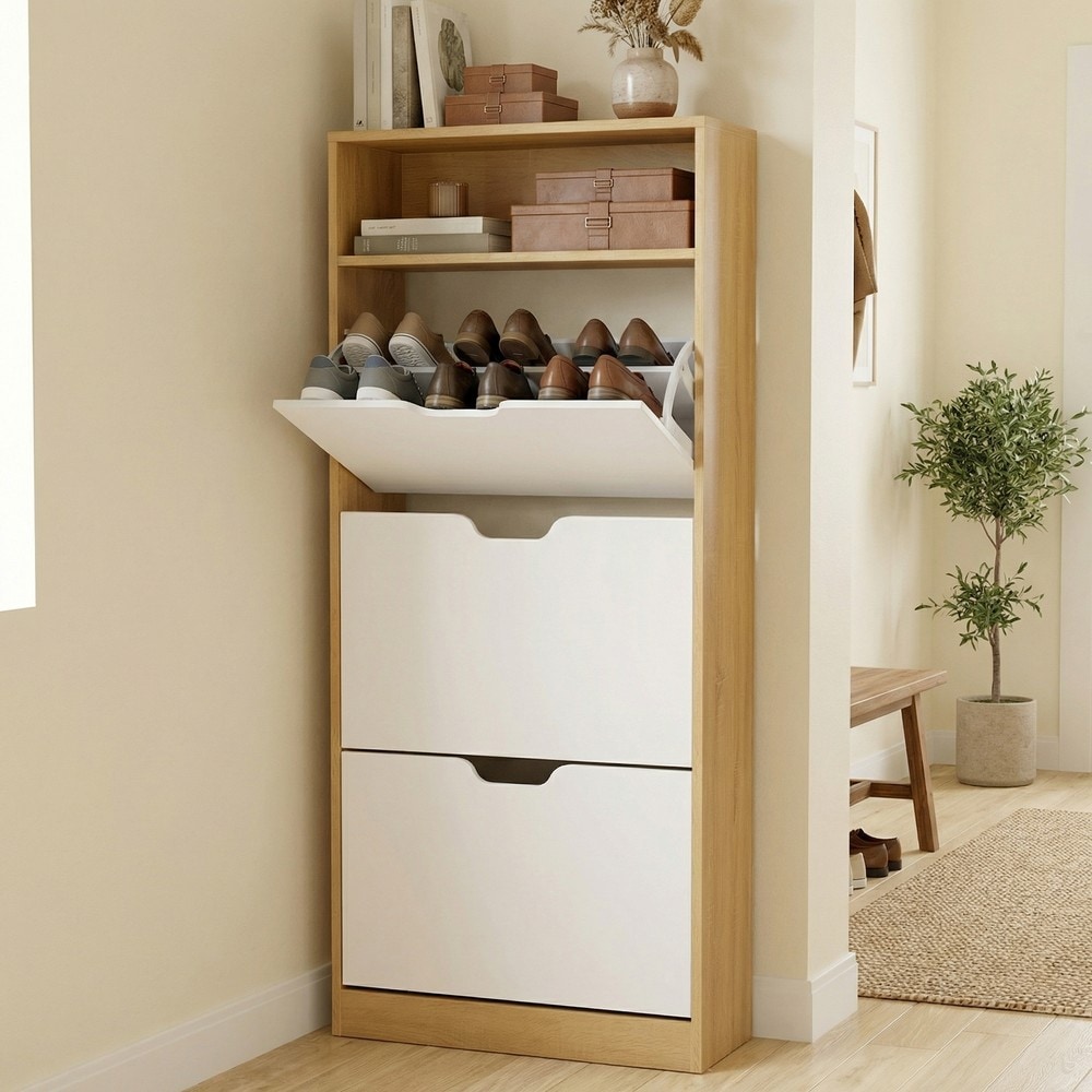 Kenkäkaappi, 3 taitettavaa lokeroa, 139 cm – Tammi/Valkoinen / Kapea kenkäkaappi / Kenkien säilytys, luukullinen
