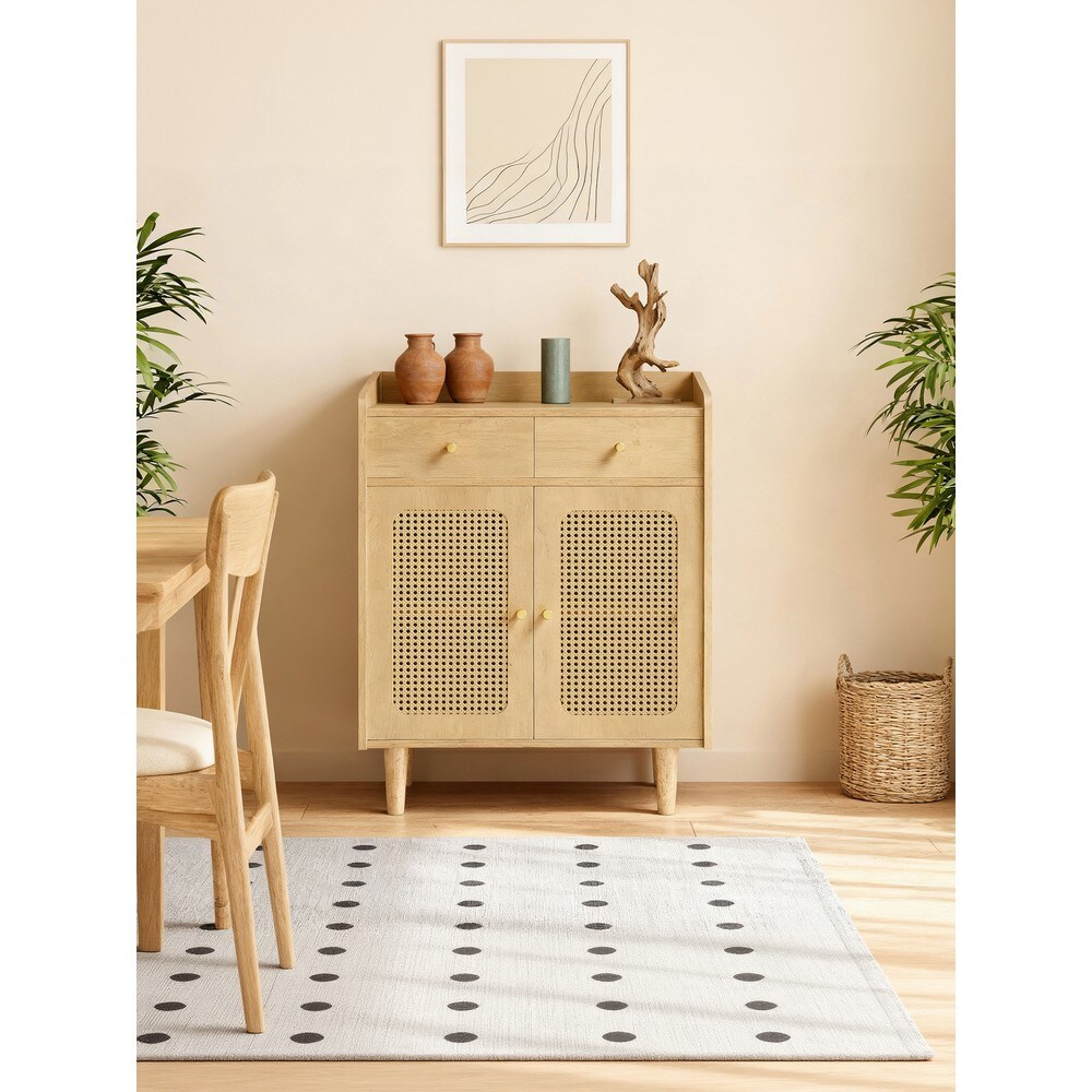 Boho-tyylinen rottinkinen lipasto, 2 laatikkoa ja 2 ovea – Tammi / Buffetikappi / Säilytyskaappi