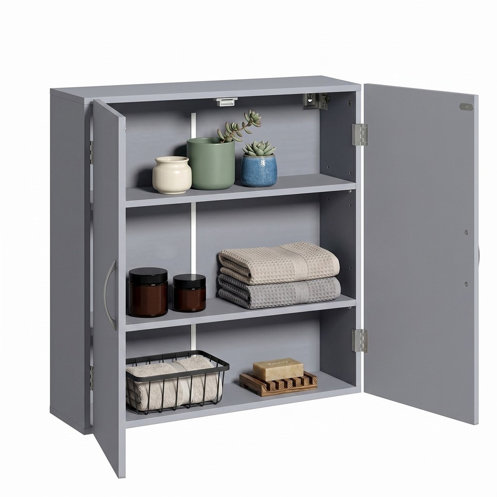 2-ovinen seinäkaappi 60x18x60 cm – harmaa–valkoinen – kylpyhuonekaappi hyllyillä – ripustettava kaappi