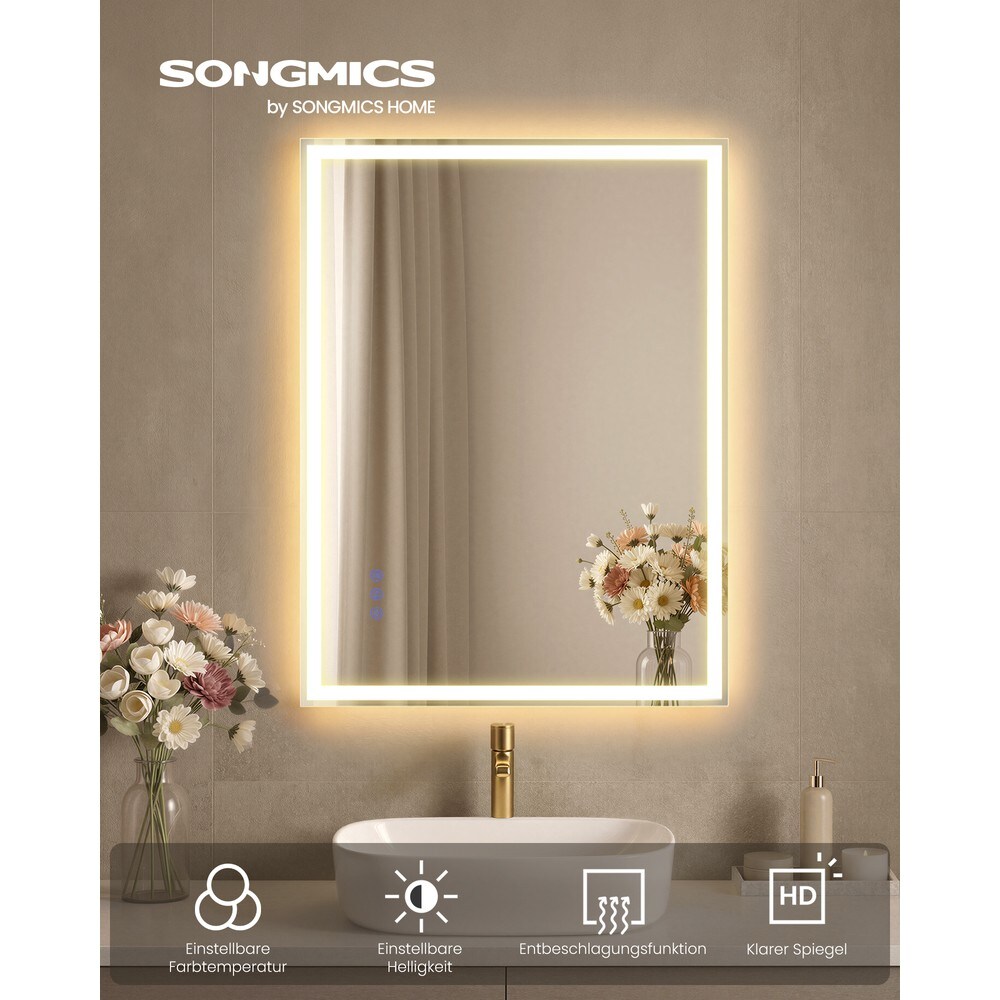 Kylpyhuonepeili LED-valaistuksella ja huurtumisenestotoiminnolla, 70 x 50 cm – Valkoinen / LED-peili / Seinäpeili