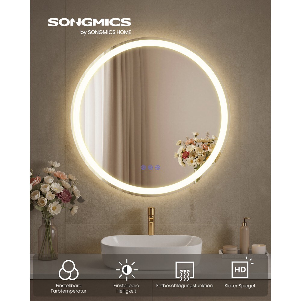 Pyöreä kylpyhuonepeili LED-valaistuksella ja huurtumattomalla toiminnolla, 61 cm – Valkoinen / LED-peili / Seinäpeili