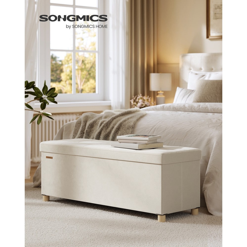 Taitettava säilytyspenkki, samettiverhoilu, 110 cm – Beige / Säilytyspenkki / Samettipenkki