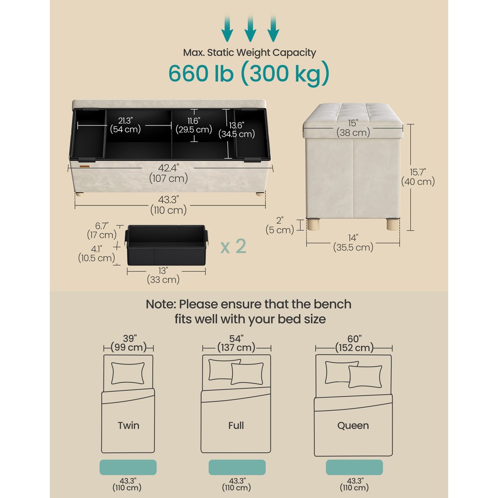 Taitettava säilytyspenkki, samettiverhoilu, 110 cm – Beige / Säilytyspenkki / Samettipenkki