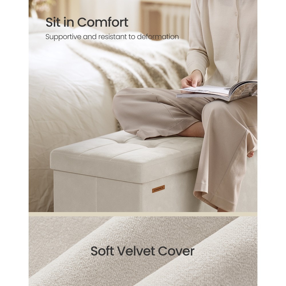 Taitettava säilytyspenkki, samettiverhoilu, 110 cm – Beige / Säilytyspenkki / Samettipenkki