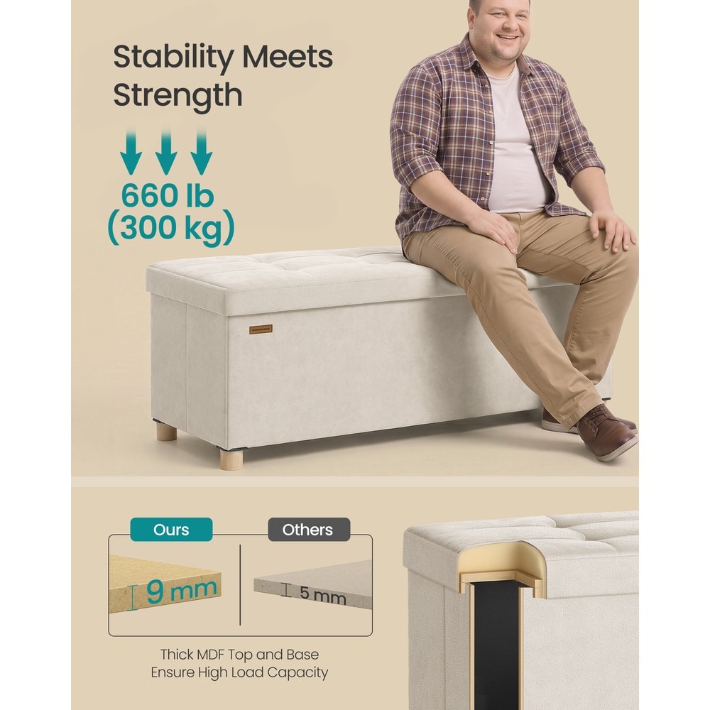 Taitettava säilytyspenkki, samettiverhoilu, 110 cm – Beige / Säilytyspenkki / Samettipenkki