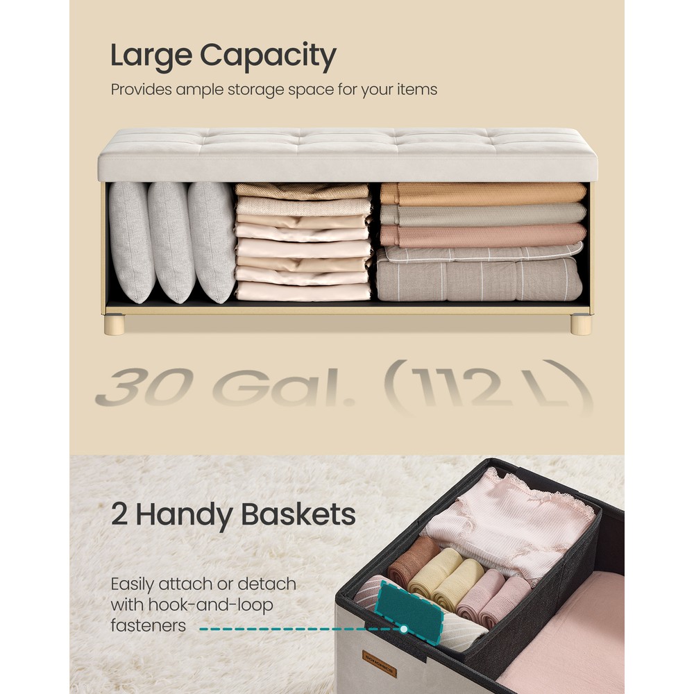 Taitettava säilytyspenkki, samettiverhoilu, 110 cm – Beige / Säilytyspenkki / Samettipenkki