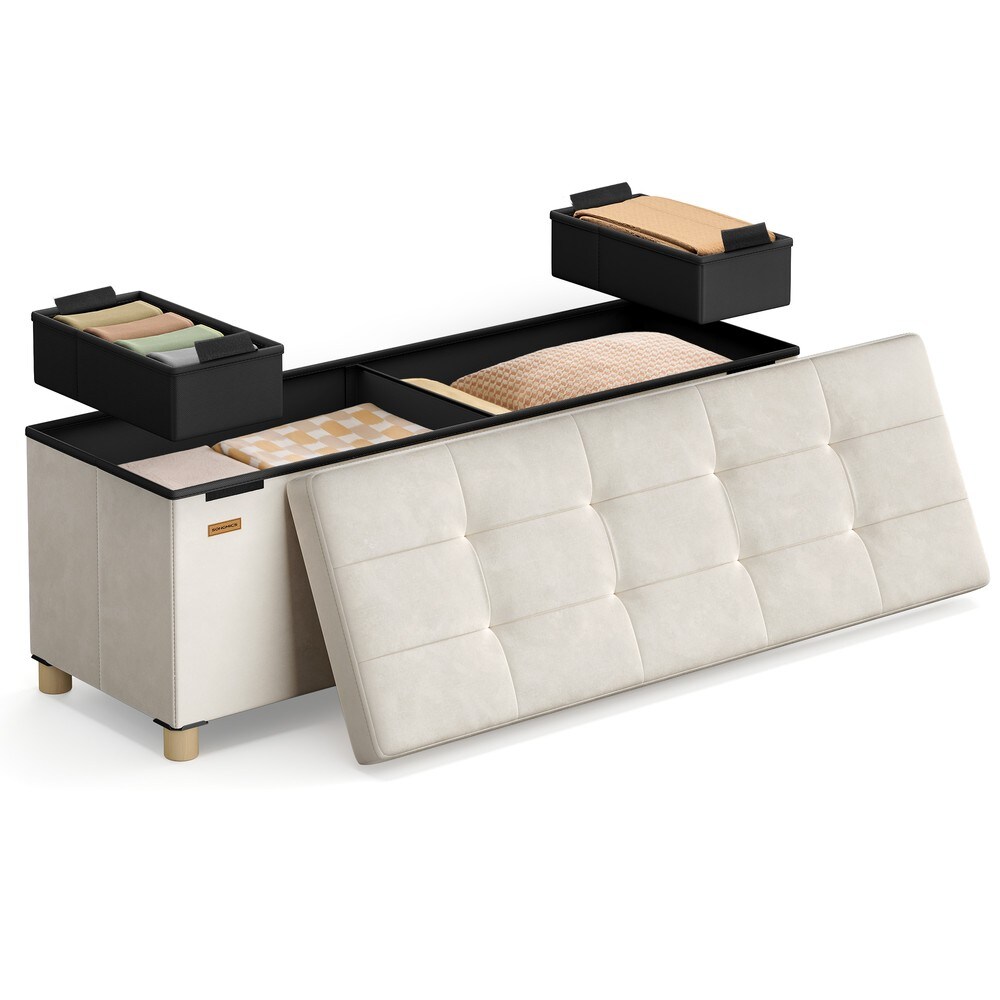 Taitettava säilytyspenkki, samettiverhoilu, 110 cm – Beige / Säilytyspenkki / Samettipenkki