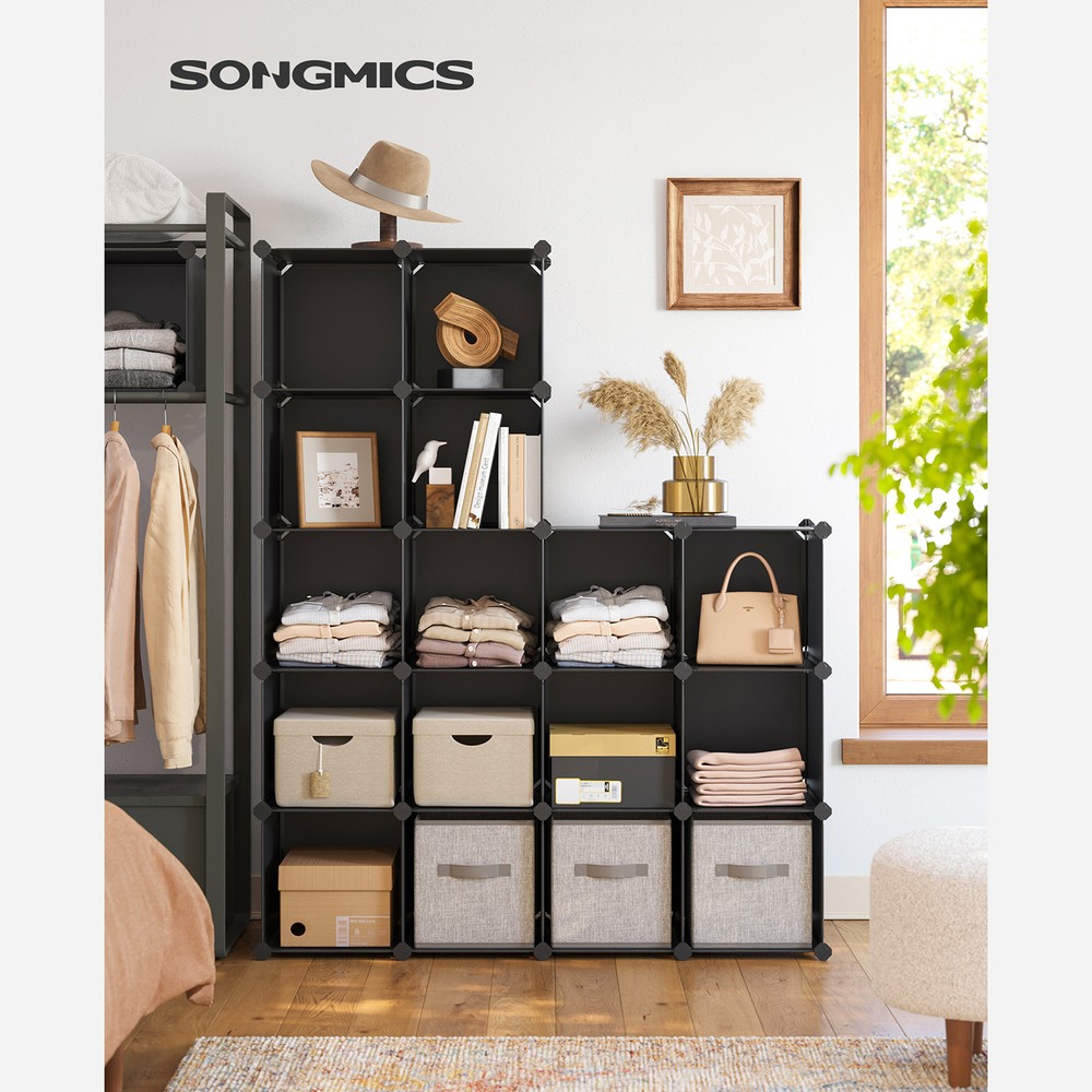 Muoviset säilytyskuutiot, 16 lokeroa, 123 x 123 cm – Svart / Moduulihylly / Kuutiohylly, avoimet lokerot