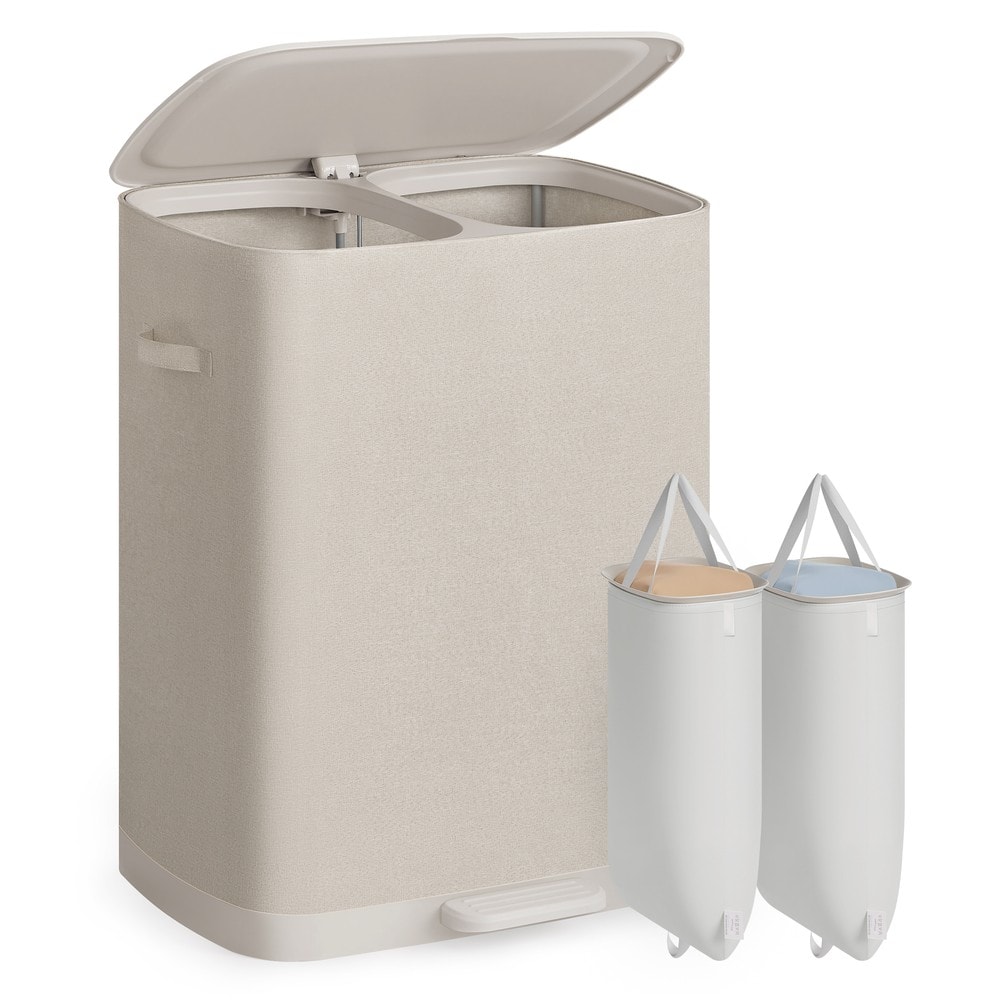 Pesukori, jossa on kansi ja 2 lokeroa, 160 l, 56x40x75 cm – Beige / Pesulajittelija / Pesusäiliö
