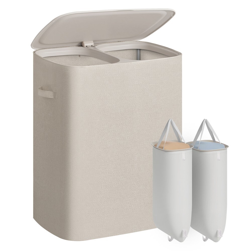 Pyykkikori, jossa on kansi ja 2 lokeroa, 160 l, 56x40x70 cm – Beige / Pyykkilajittelija / Pyykkikori