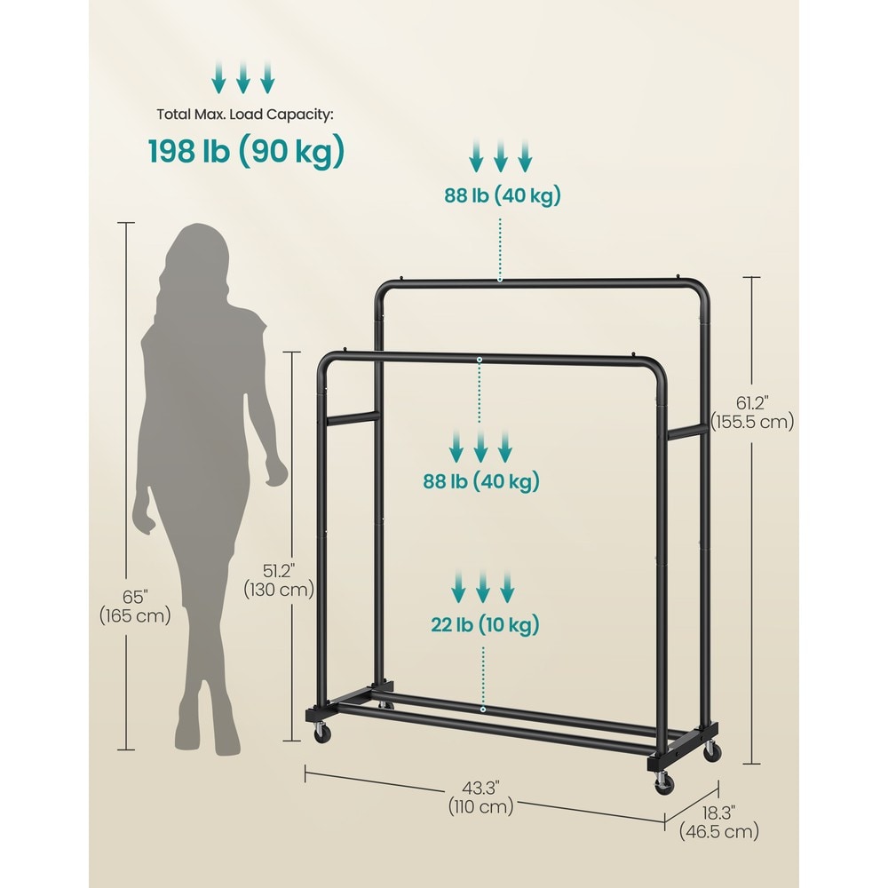 Pyörillä varustettu vaaterackki, jossa kaksi vaatetankoa, 110 cm – Svart / Vaaterackki / Vaaterackki