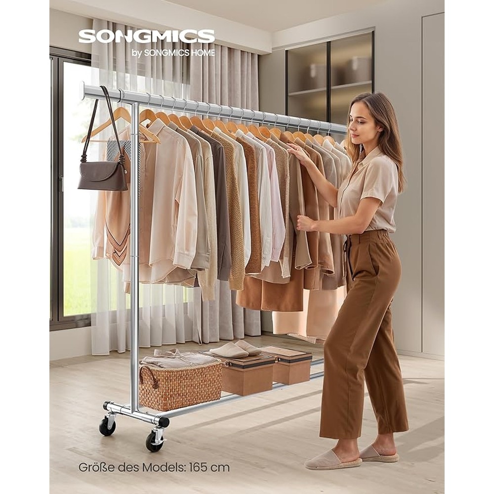 Ulosvedettävä vaaterack pyörillä, 160–200 cm, 150 kg – Hopea / Vaaterack / Vaatekaappi