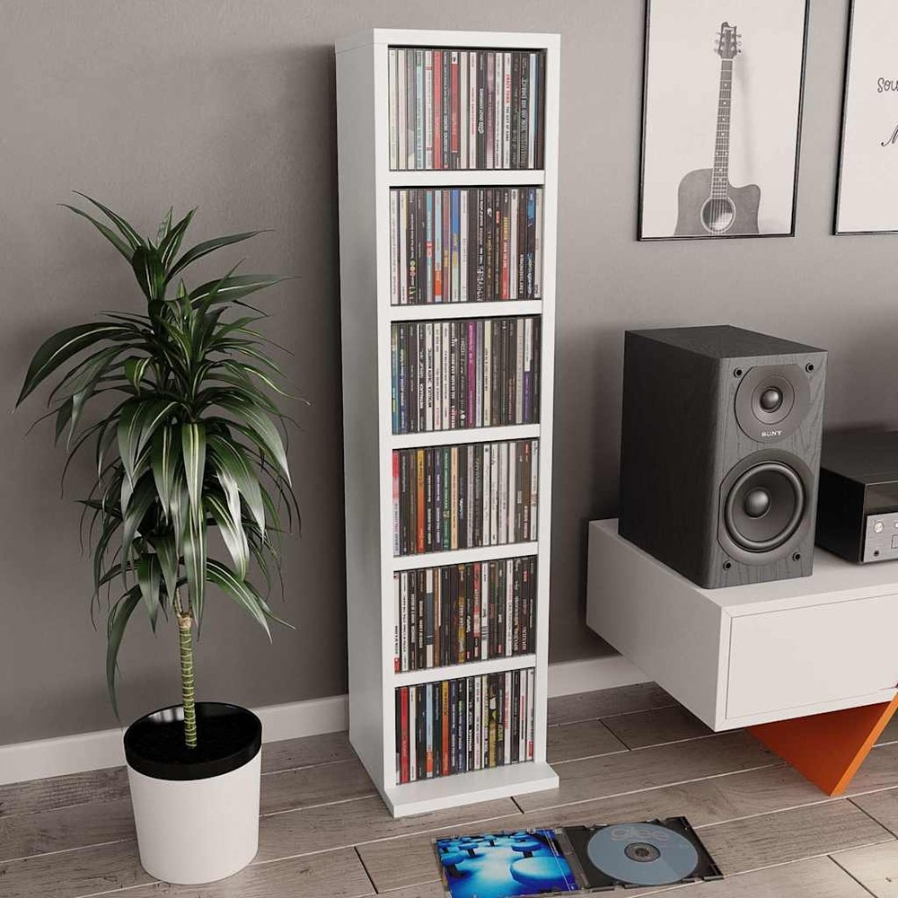vidaXL CD-hylly 6 lokeroa, valkoinen, 21 x 20 x 88 cm, puukomposiitti