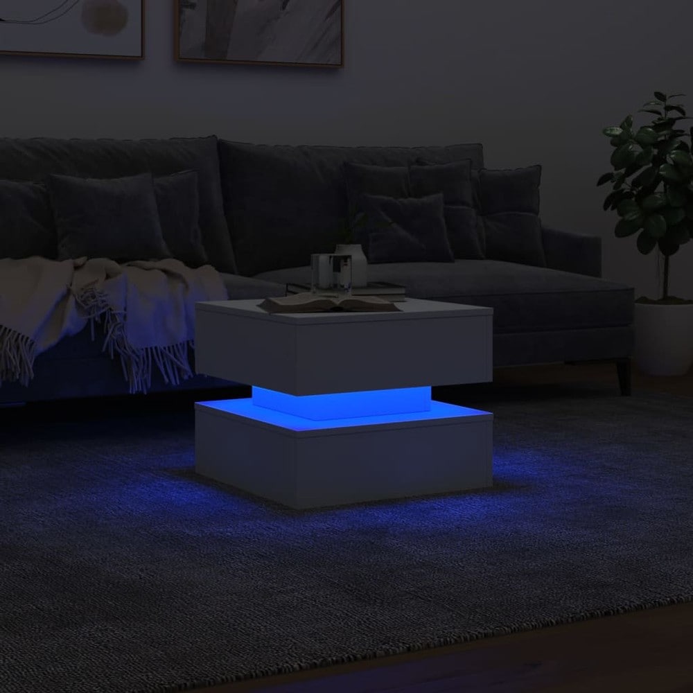 Sohvapöytä 50×50×40 cm / olohuonepöytä RGB-LED-valaistuksella / sivupöytä – Valkoinen