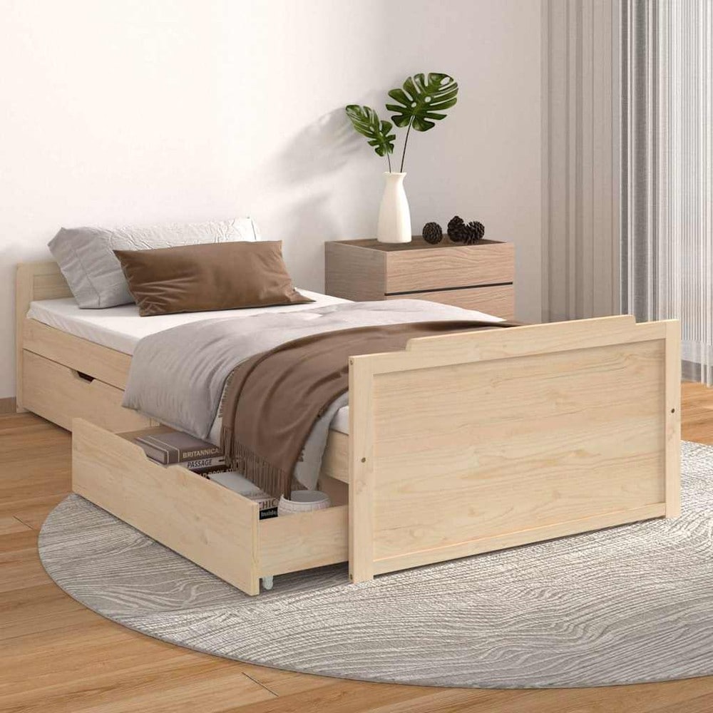 Sängynrunko 90×200 cm / yhden hengen sänky säilytyslaatikoilla / massiivimänty – Luonnonväri