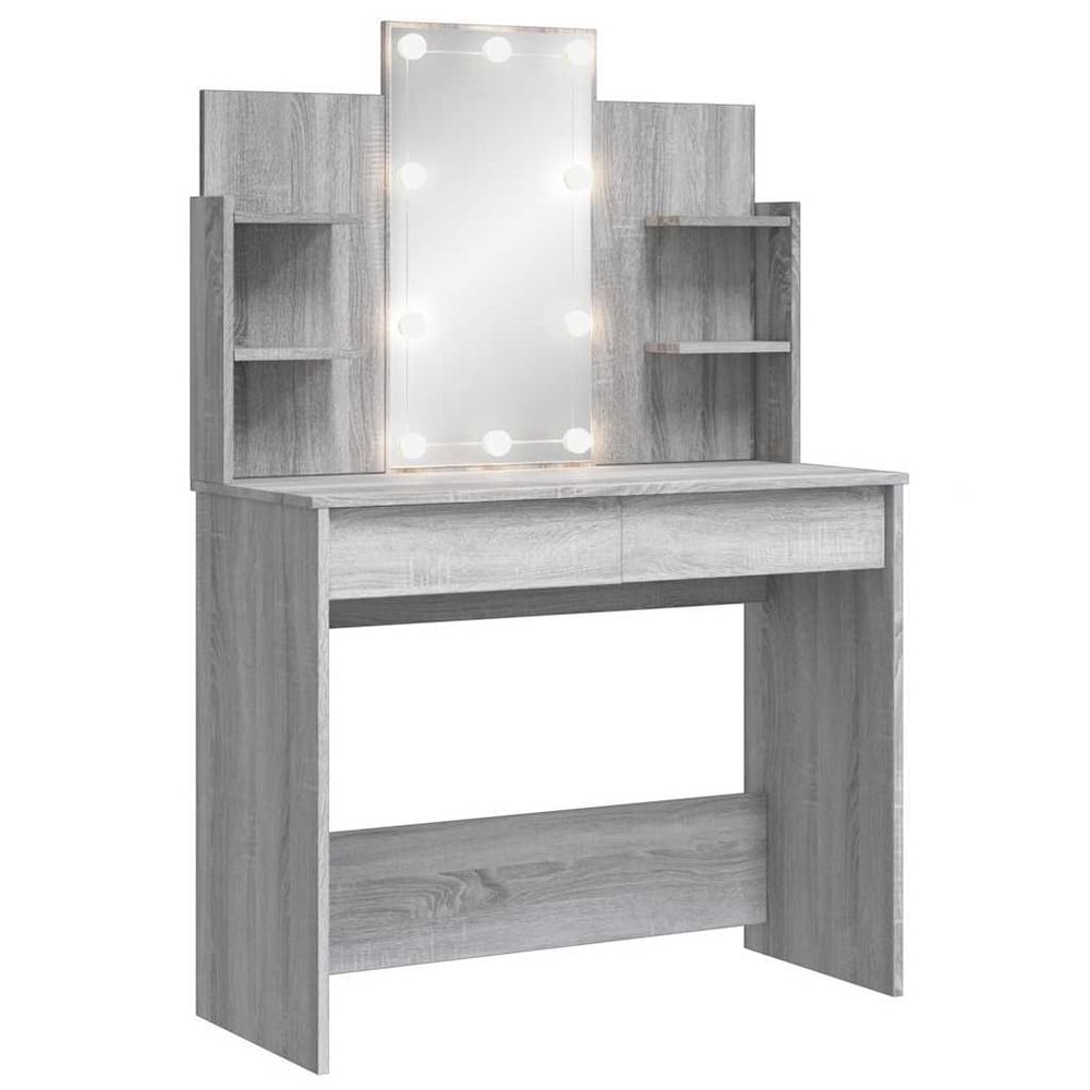 vidaXL Meikkipöytä peilillä ja LED-valaistuksella, 2 laatikkoa, 96x40x142 cm, harmaa puukuvio