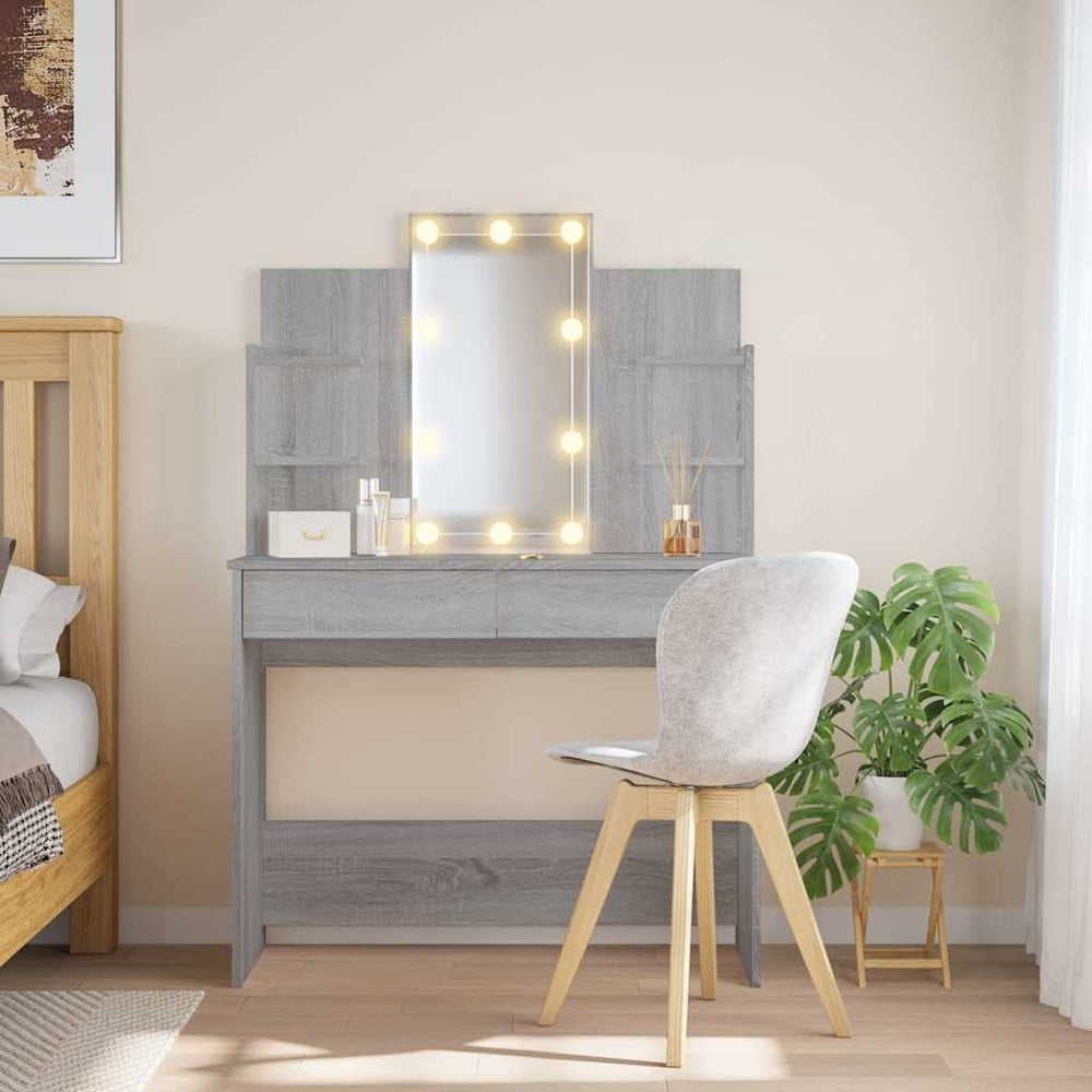 vidaXL Meikkipöytä peilillä ja LED-valaistuksella, 2 laatikkoa, 96x40x142 cm, harmaa puukuvio