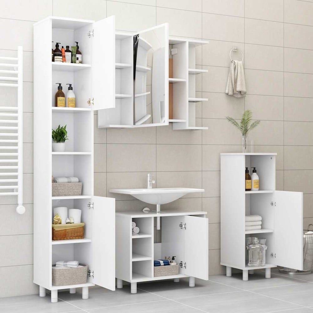 Kylpyhuonekaappi 30×30×95 cm / kapea lattiakaappi 3 lokerolla ja ovella – Valkoinen