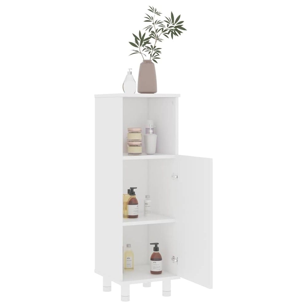 Kylpyhuonekaappi 30×30×95 cm / kapea lattiakaappi 3 lokerolla ja ovella – Valkoinen