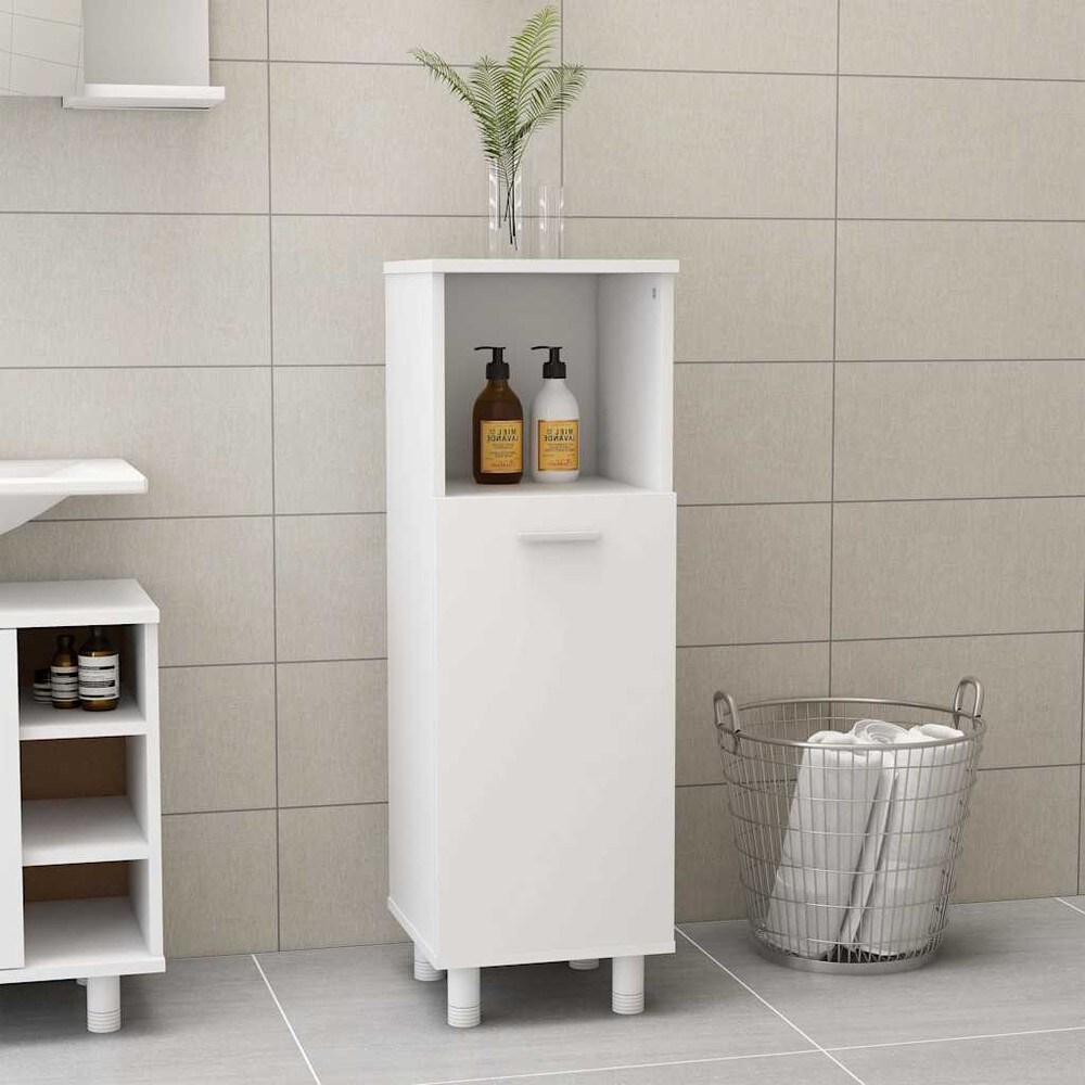 Kylpyhuonekaappi 30×30×95 cm / kapea lattiakaappi 3 lokerolla ja ovella – Valkoinen