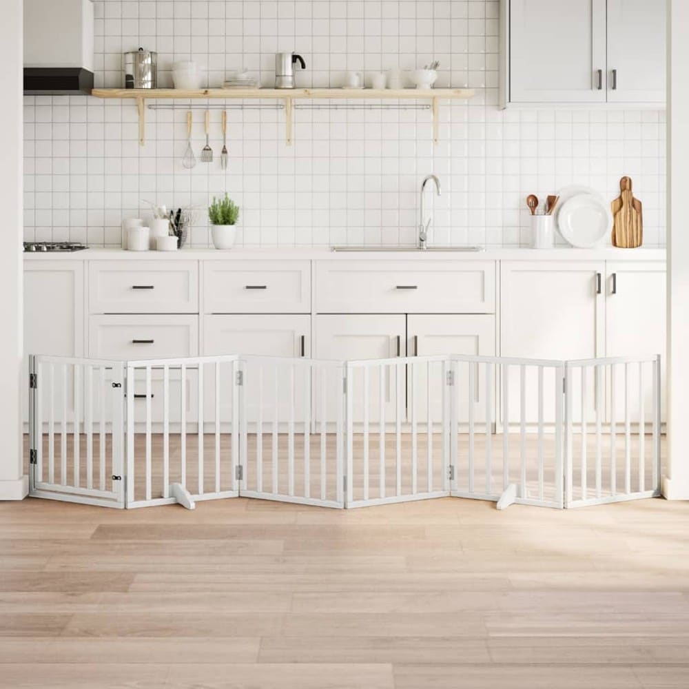 Koiraportti 300×60 cm / vapaasti seisova taitettava lemmikkiportti 6 paneelilla ja ovella – Valkoinen