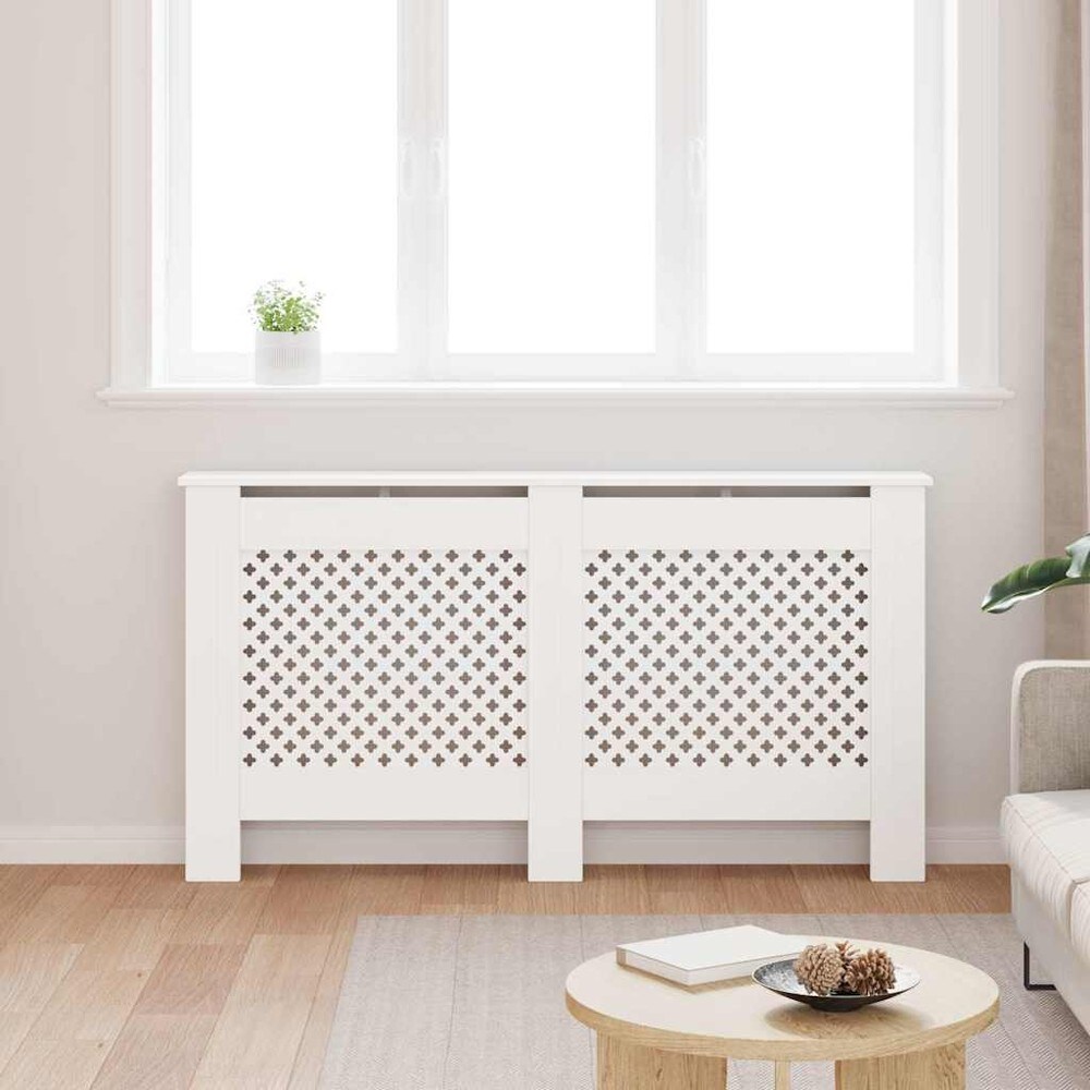 Patterinsuojus 152×19×81,5 cm / MDF-suojus hyllyllä ja lamellimuotoilulla – Valkoinen