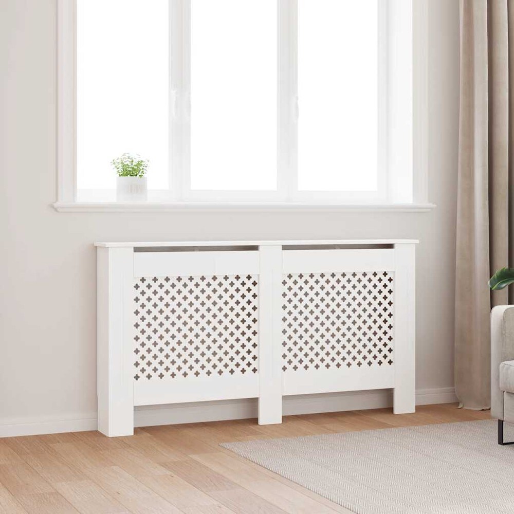 Patterinsuojus 152×19×81,5 cm / MDF-suojus hyllyllä ja lamellimuotoilulla – Valkoinen