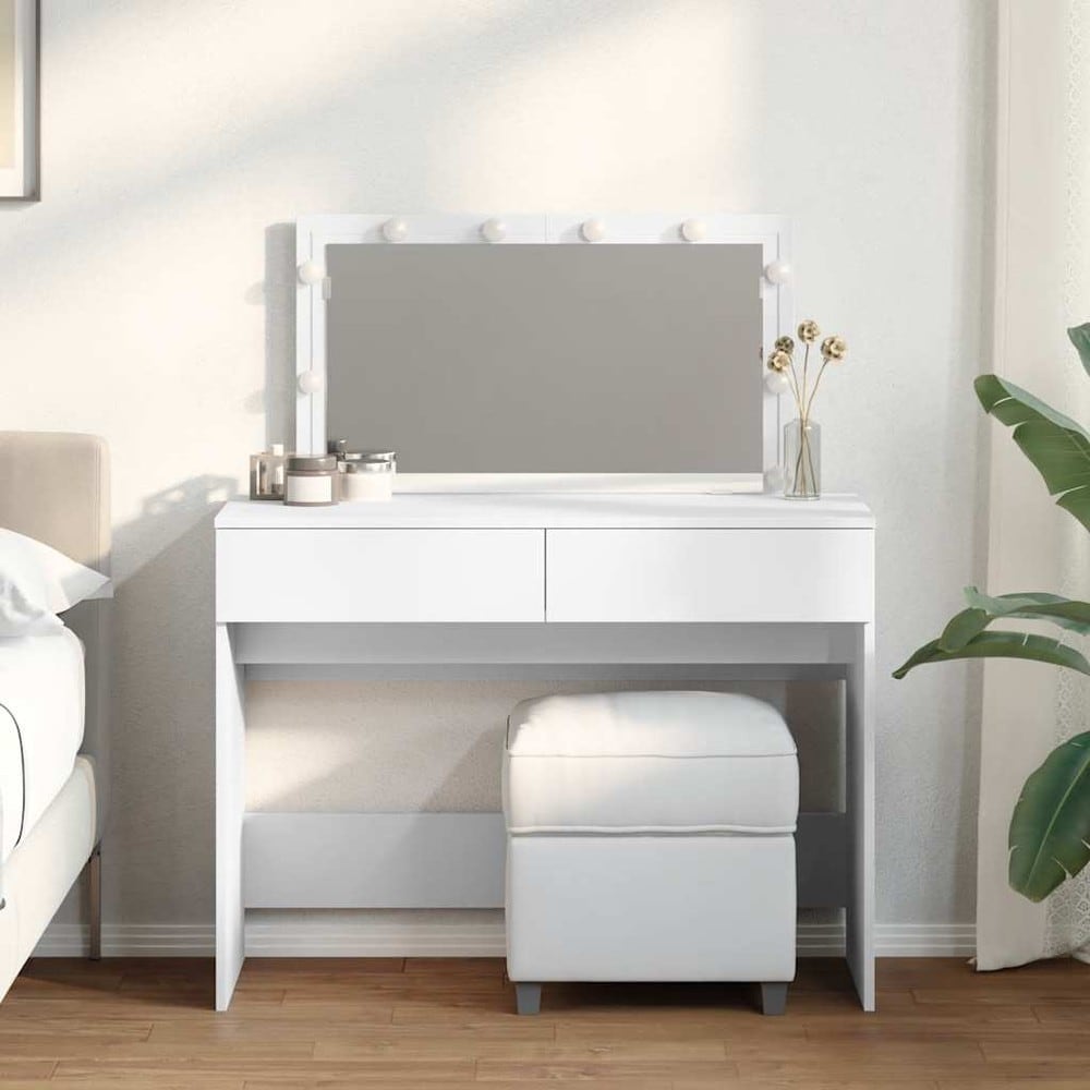 Meikkipöytä 100×40×120 cm / peilipöytä LED-valaistuksella ja 2 laatikolla – Valkoinen