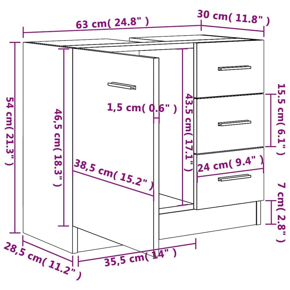 Pesuallaskaappi 63×30×54 cm / allaskaappi / kylpyhuonekaappi 3 laatikolla – Valkoinen