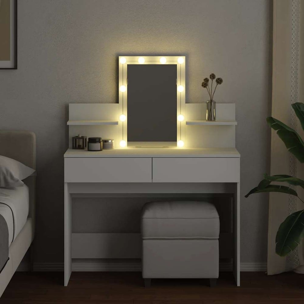 Meikkipöytä 100×40×130 cm / peilipöytä LED-valaistuksella, 2 laatikolla ja 2 hyllyllä – Valkoinen