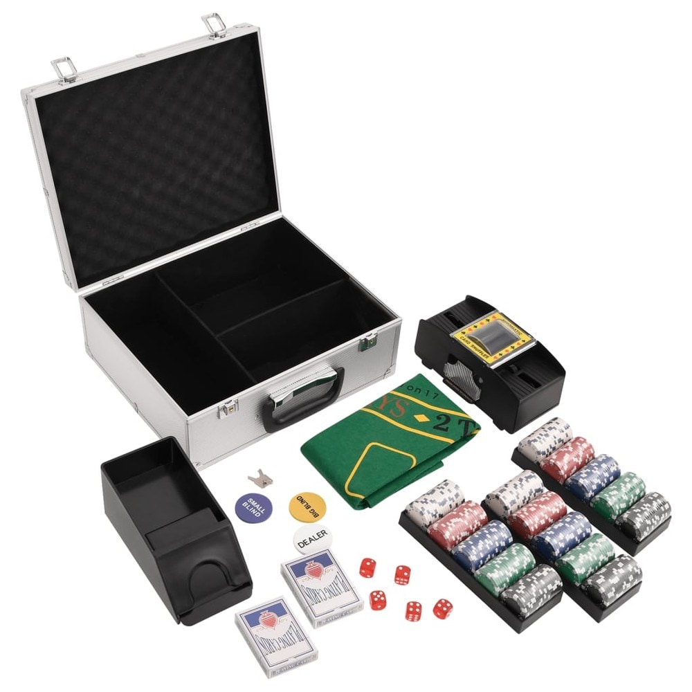 Pokersetti 300 pelimerkillä / pokerisetti korttisekoittimella, pelimatolla ja alumiinilaukulla
