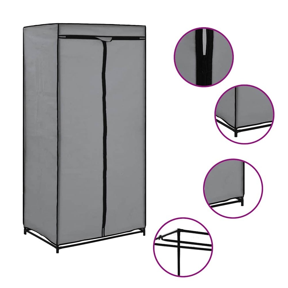 Kangasgarderobi 75×50×160 cm / vaatesäilytys vaatetangolla ja vetoketjulla – Harmaa