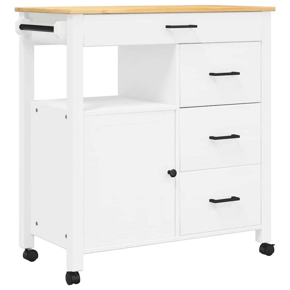 Keittiökärry 84×40×88,5 cm / keittiösaareke pyörillä ja 4 laatikolla / tarjoilukärry – Valkoinen/luonnonväri