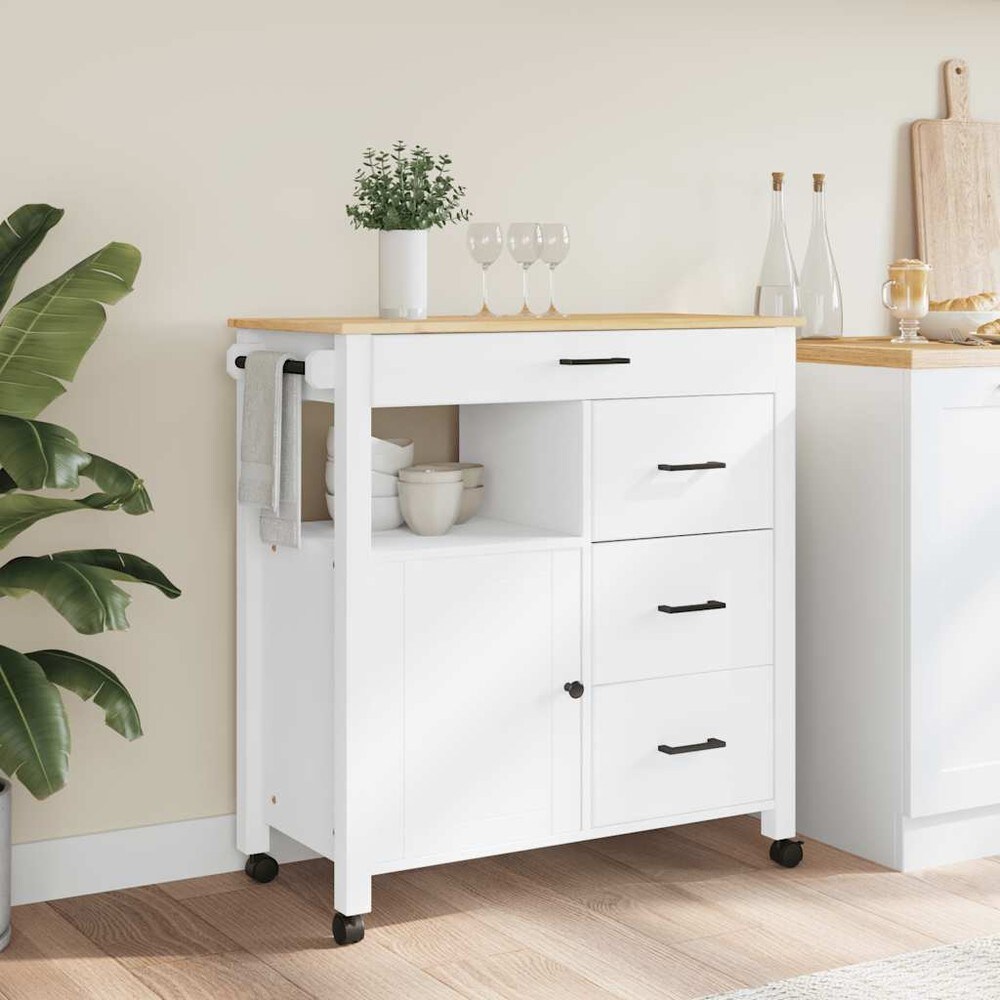 Keittiökärry 84×40×88,5 cm / keittiösaareke pyörillä ja 4 laatikolla / tarjoilukärry – Valkoinen/luonnonväri