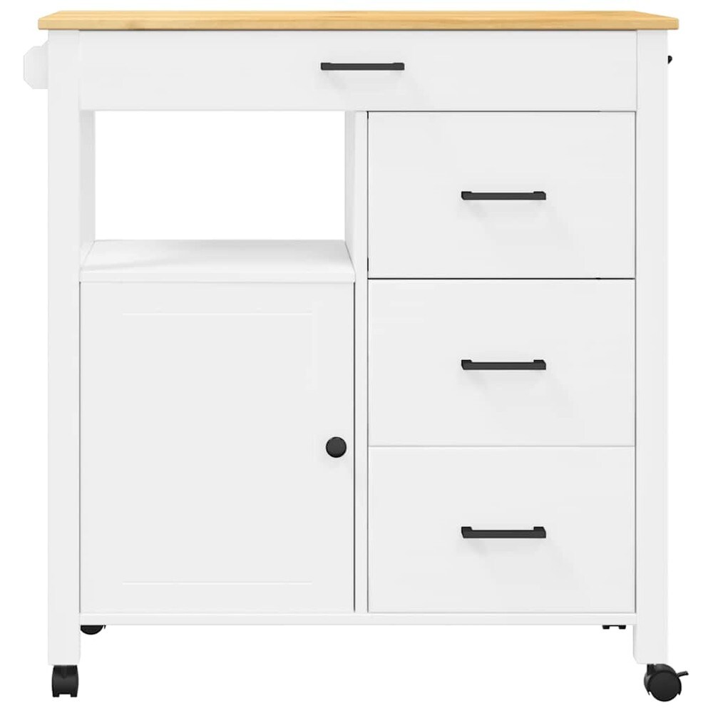 Keittiökärry 84×40×88,5 cm / keittiösaareke pyörillä ja 4 laatikolla / tarjoilukärry – Valkoinen/luonnonväri