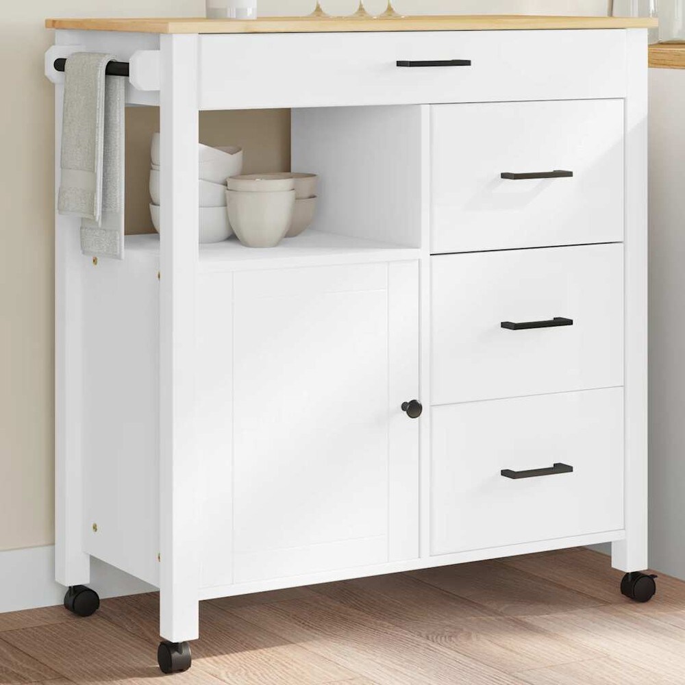 Keittiökärry 84×40×88,5 cm / keittiösaareke pyörillä ja 4 laatikolla / tarjoilukärry – Valkoinen/luonnonväri