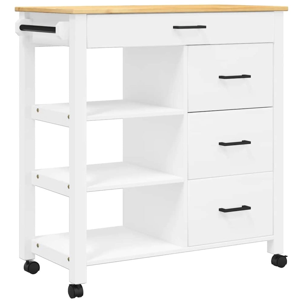 Keittiökärry 84×40×88,5 cm / keittiösaareke pyörillä ja 4 laatikolla / tarjoilukärry – Valkoinen/luonnonväri