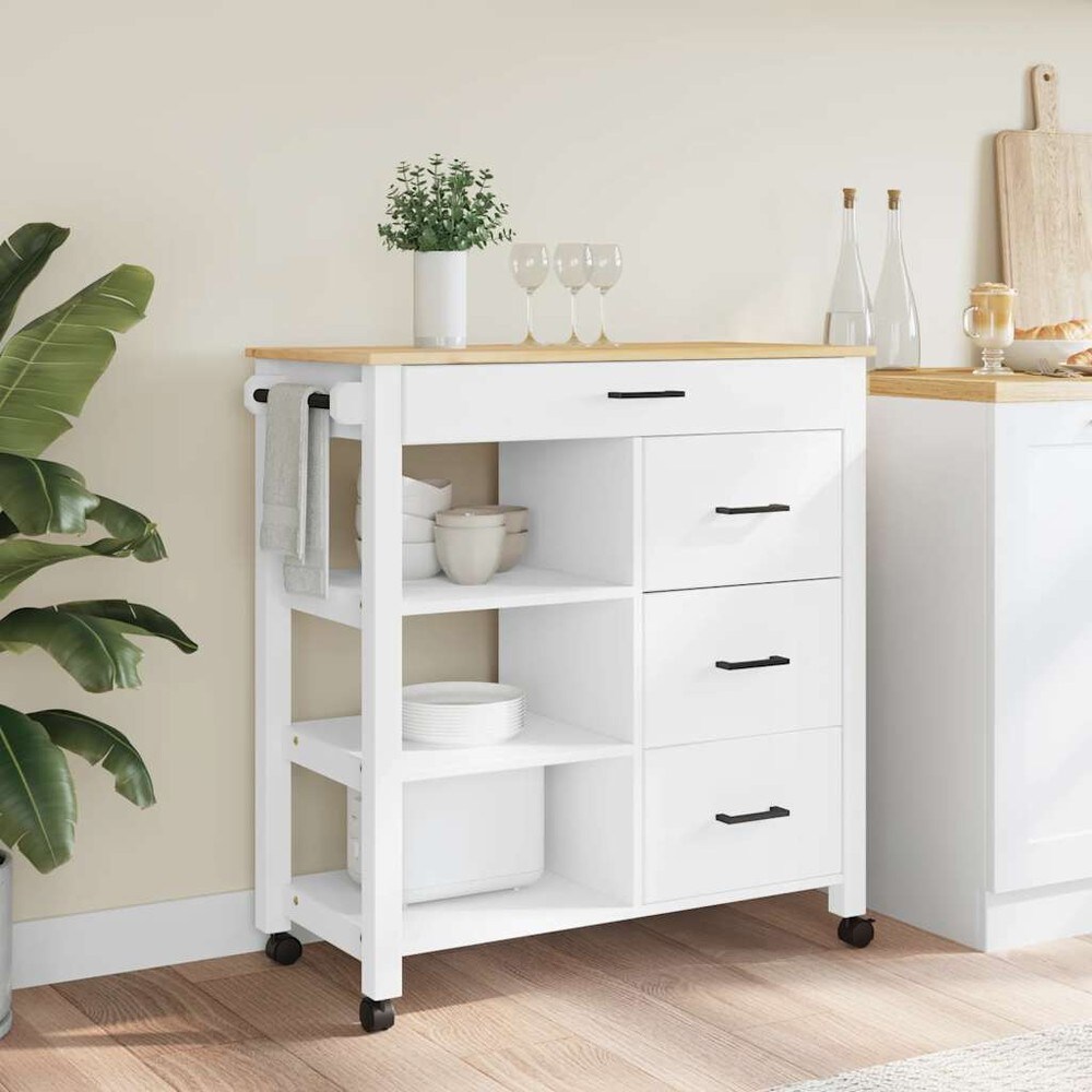 Keittiökärry 84×40×88,5 cm / keittiösaareke pyörillä ja 4 laatikolla / tarjoilukärry – Valkoinen/luonnonväri