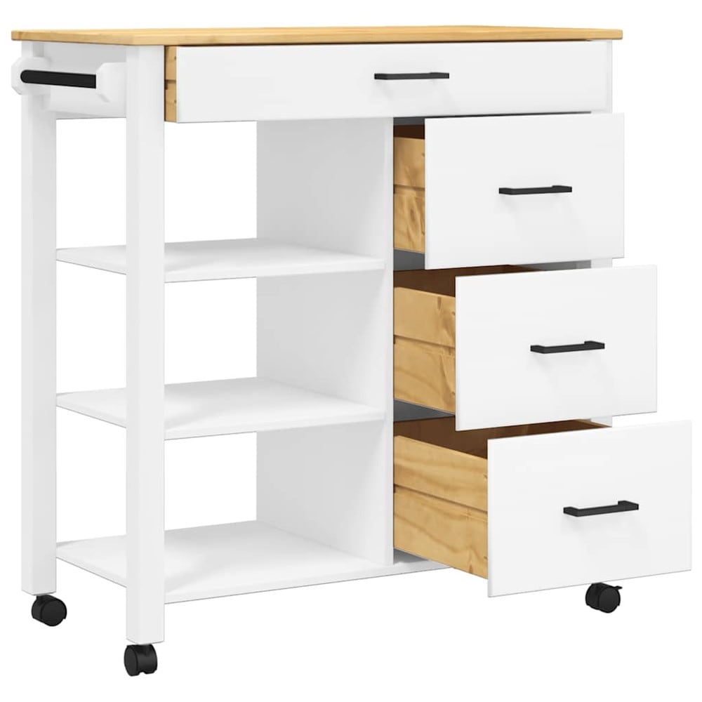 Keittiökärry 84×40×88,5 cm / keittiösaareke pyörillä ja 4 laatikolla / tarjoilukärry – Valkoinen/luonnonväri