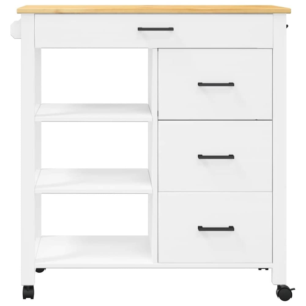 Keittiökärry 84×40×88,5 cm / keittiösaareke pyörillä ja 4 laatikolla / tarjoilukärry – Valkoinen/luonnonväri