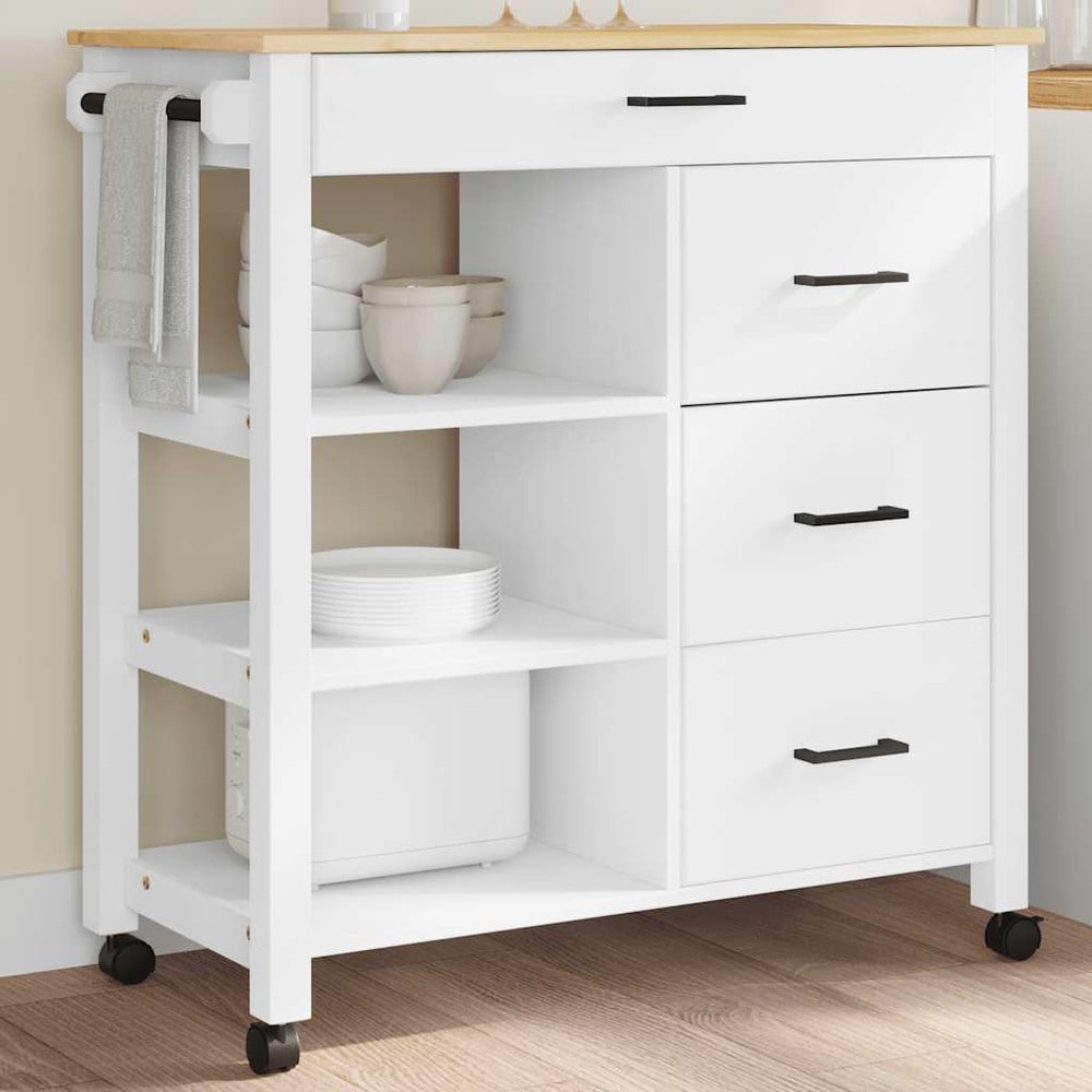 Keittiökärry 84×40×88,5 cm / keittiösaareke pyörillä ja 4 laatikolla / tarjoilukärry – Valkoinen/luonnonväri