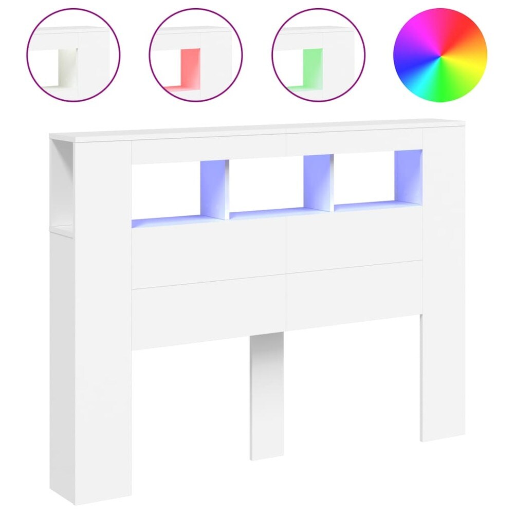 Sängynpääty LED-valolla 140×18,5×103,5 cm / pääty RGB-valaistuksella ja laskutasolla – Valkoinen